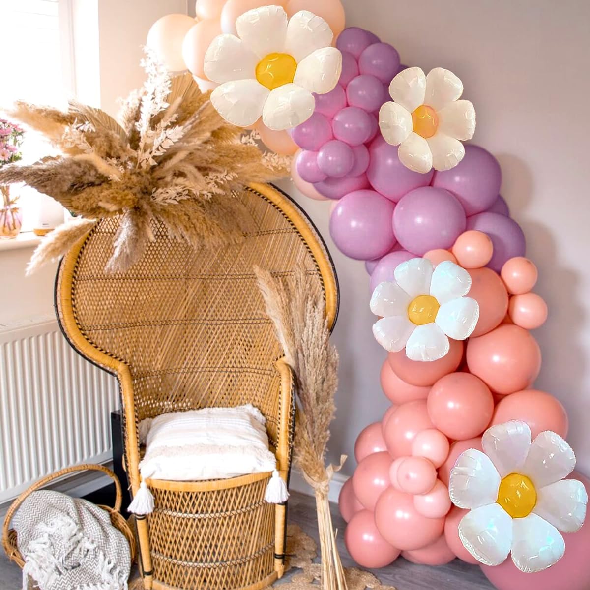 Sweet Baby Co. Daisy Balloon Garland Party Decorations Groovy Retro Hippie Birthday Party Decorations Flower Balloons, 18 10 5 Inch Pink Orange Purple Boho Pastel Balloon Arch Kit Decor