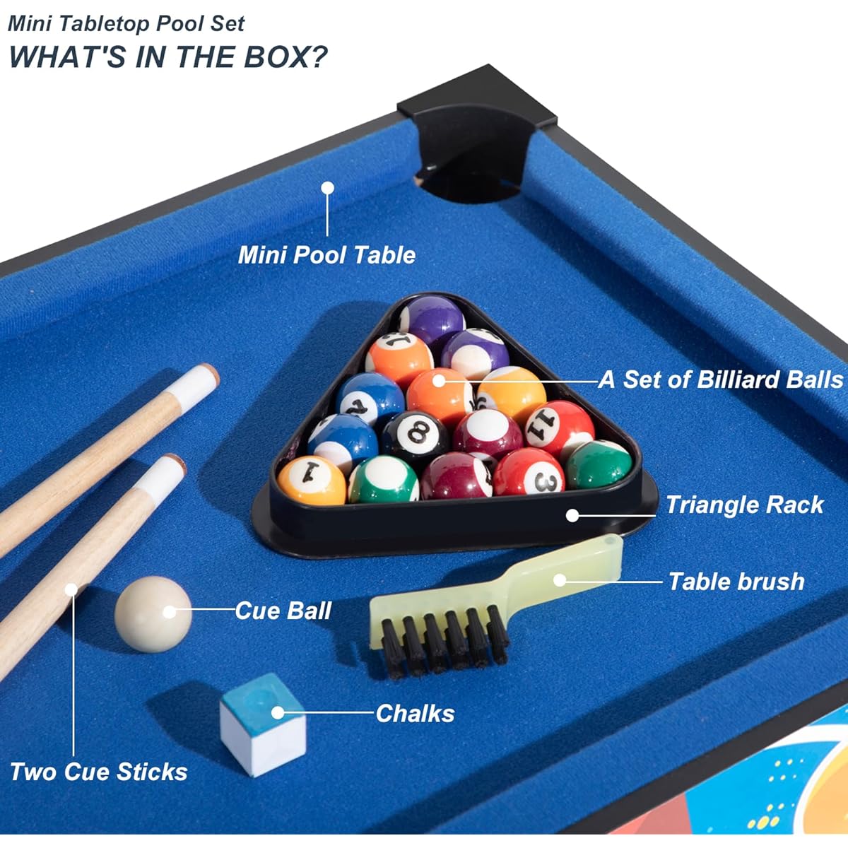 RayChee 27" Mini Pool Table Set, Tabletop Portable Billiard Game with Small Billiard Balls, Pool Cue/Triangle Rack/Chalk/Brush for Adults/Kids/Cats/Toddlers