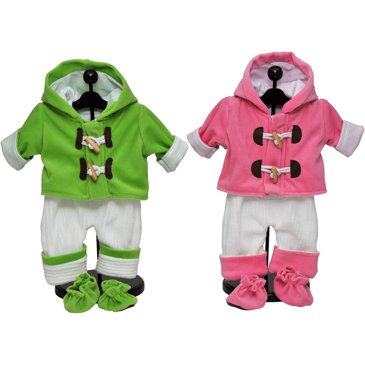 Set of 2 complete Bitty 15 inch baby dolls twin overall outfit pink & green, overalls, shirt, booties and shoes. Two Complete Outfits Fit Bitty Baby Twins