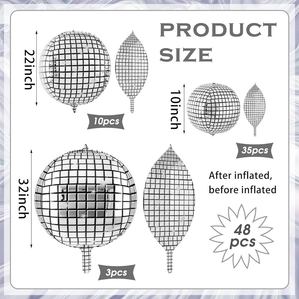 48pcs Disco Balloons 32inch 22inch 10inch 4D Laser Foil Metallic Mirror Party Balloons Disco Party Decorations Silver Disco Ball Decor for 70s Disco Theme Birthday Party Dance Wedding