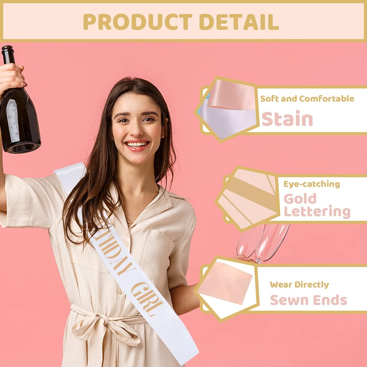 ANGREEL 12pcs Birthday Sash for Girls Women, 1pc White Birthday Girl Sash + 11pcs Rose Gold Satin Party Sash Set Birthday Party Gift Decoration Favors for Women Fun Party Supplies