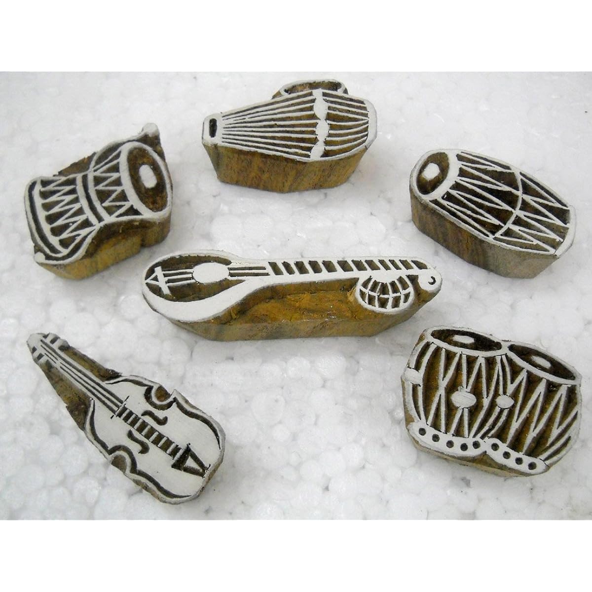 Wholesale Pack of 6 Indian Musical Instruments Wooden Block Stamp/Tattoo/Indian Textile Printing Blocks