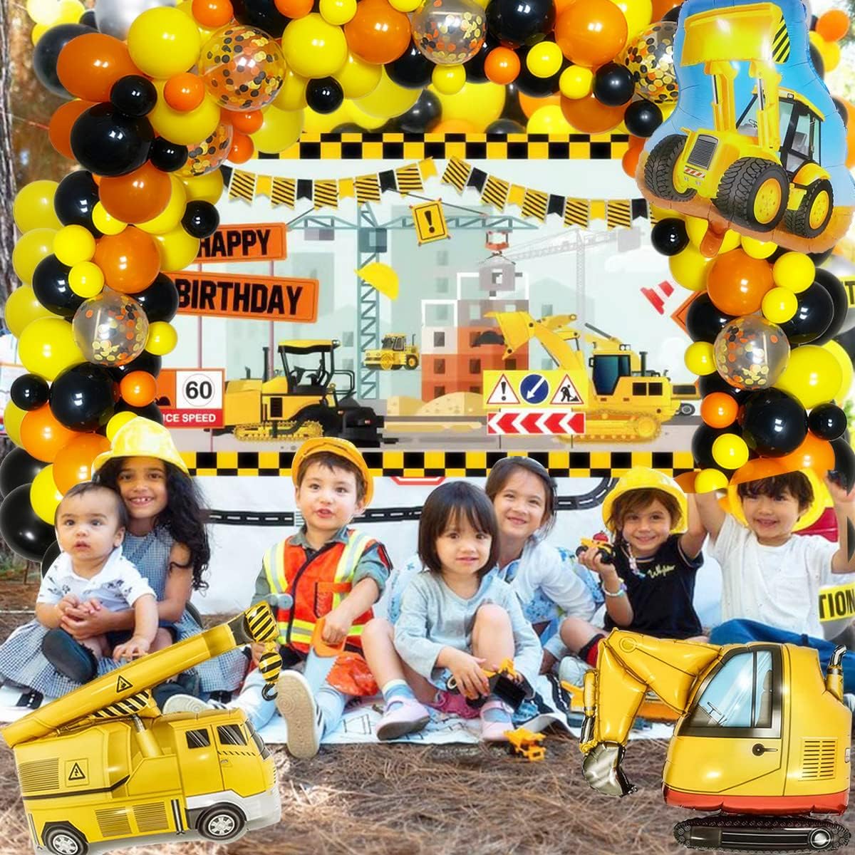 Construction Birthday Party Supplies Dump Truck Balloons Digger Balloons and Bulldozer Balloons Construction Backdrop, Confetti Balloons Yellow, Black, Orange Balloons for Kids Birthday Party