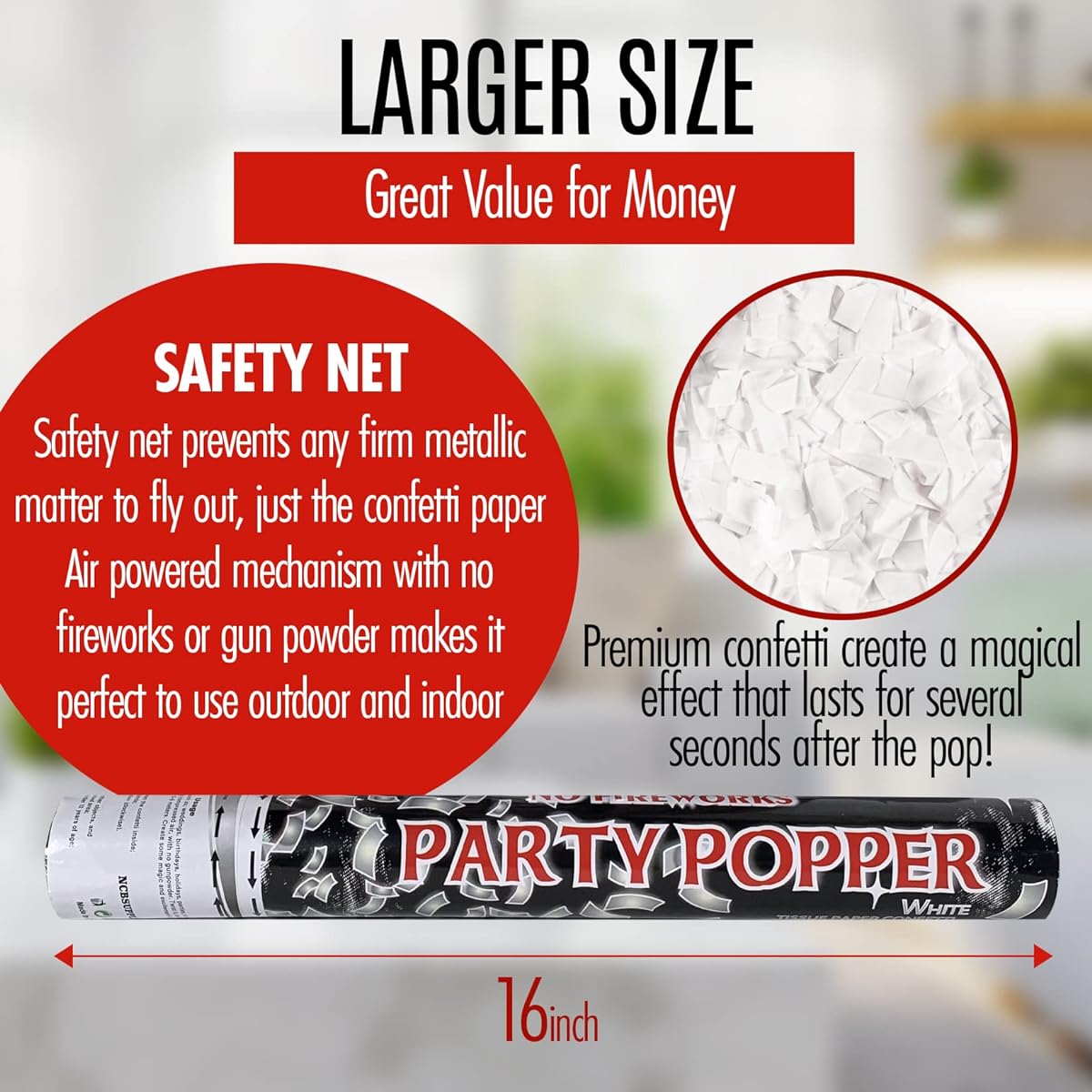 Confetti Cannon Party Popper | 16 Inch 12 Pack | Biodegradable White Paper Confetti Shooter NCBSUPPLIES Confetti Blaster | 25-30 Feet | Festive New Year's Eve Birthday