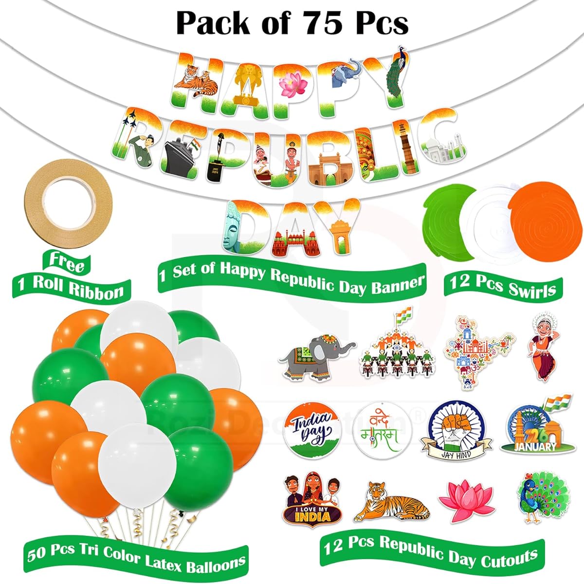 Rozi Decorations Happy Republic Day Banner Swirls with Cutouts Balloon Combo Decorations Kit Republic Day Celebration Items 75 Pack