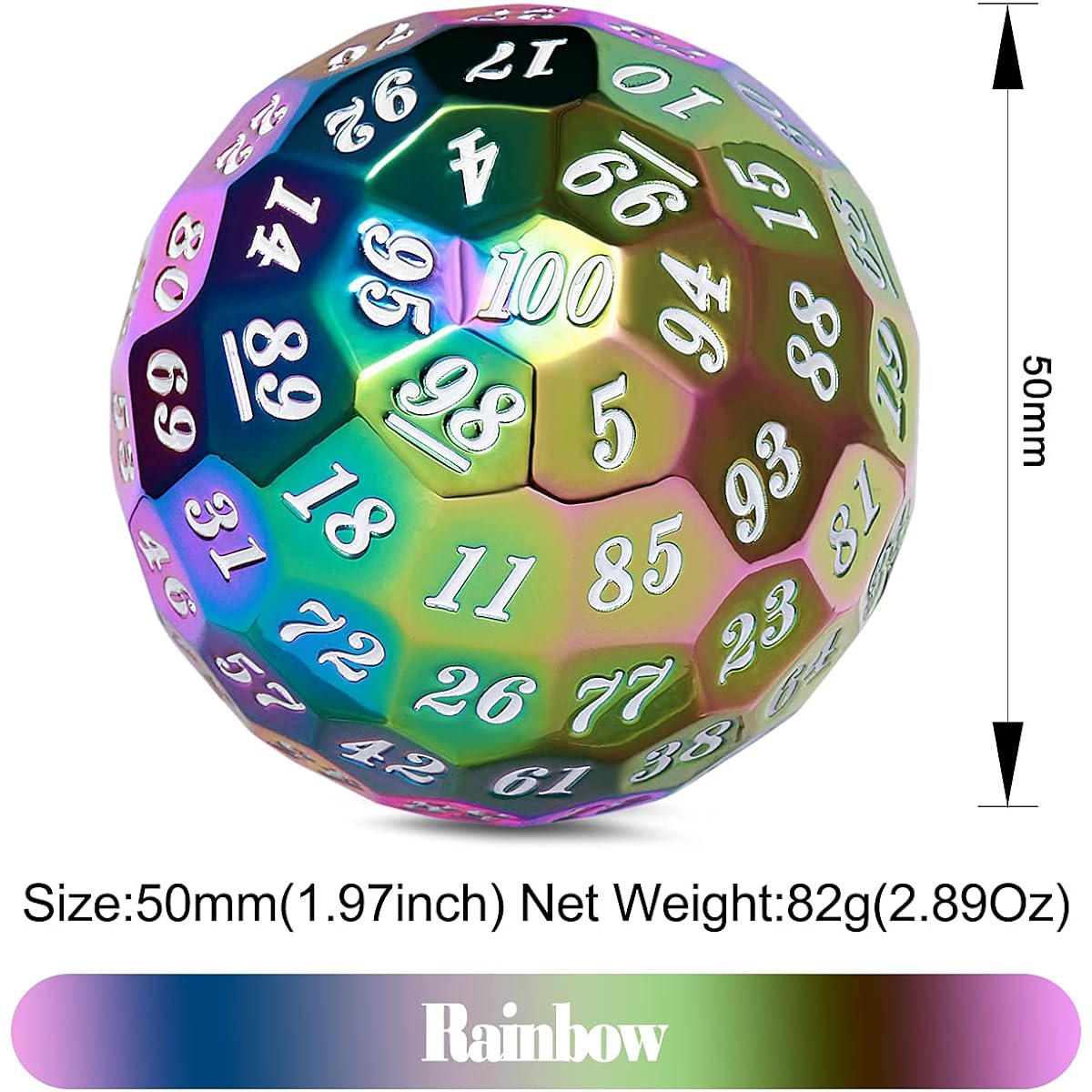 DNDND Rainbow D100 Metal Dice 50mm Single 100 Sided Polyhedral Dice with Metal Case and Velvet Pouch for Tabletop Games (Rainbow and White Numbers)