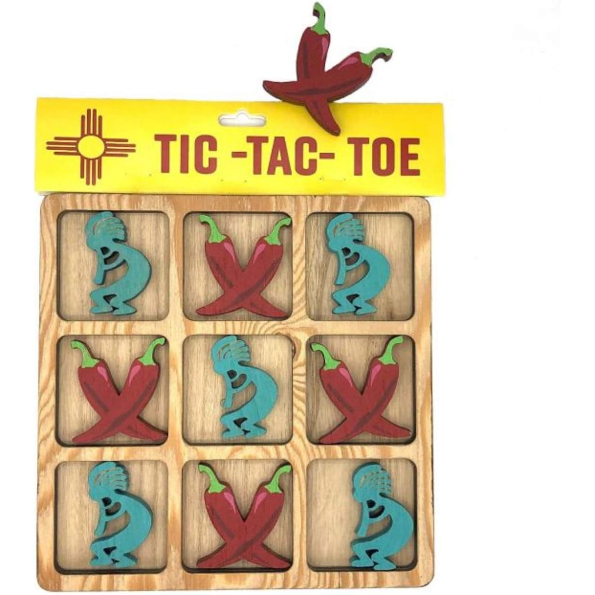 Tic-Tac-Toe 3D Wooden Board Game Large Decorative Table Set with Chili Pepper and Kokopelli Pieces 8 x 8 Inches