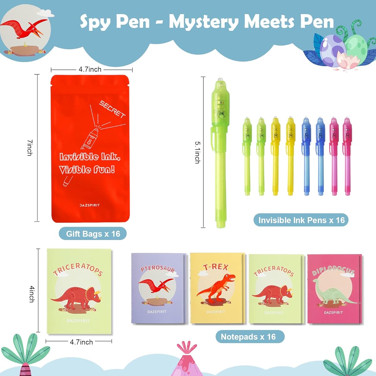 DazSpirit Invisible Ink Pens Party Bag Fillers for Boys and Girls Magic Pen Disappearing Ink Pen Set (Dinosaur Style 16 Pieces)
