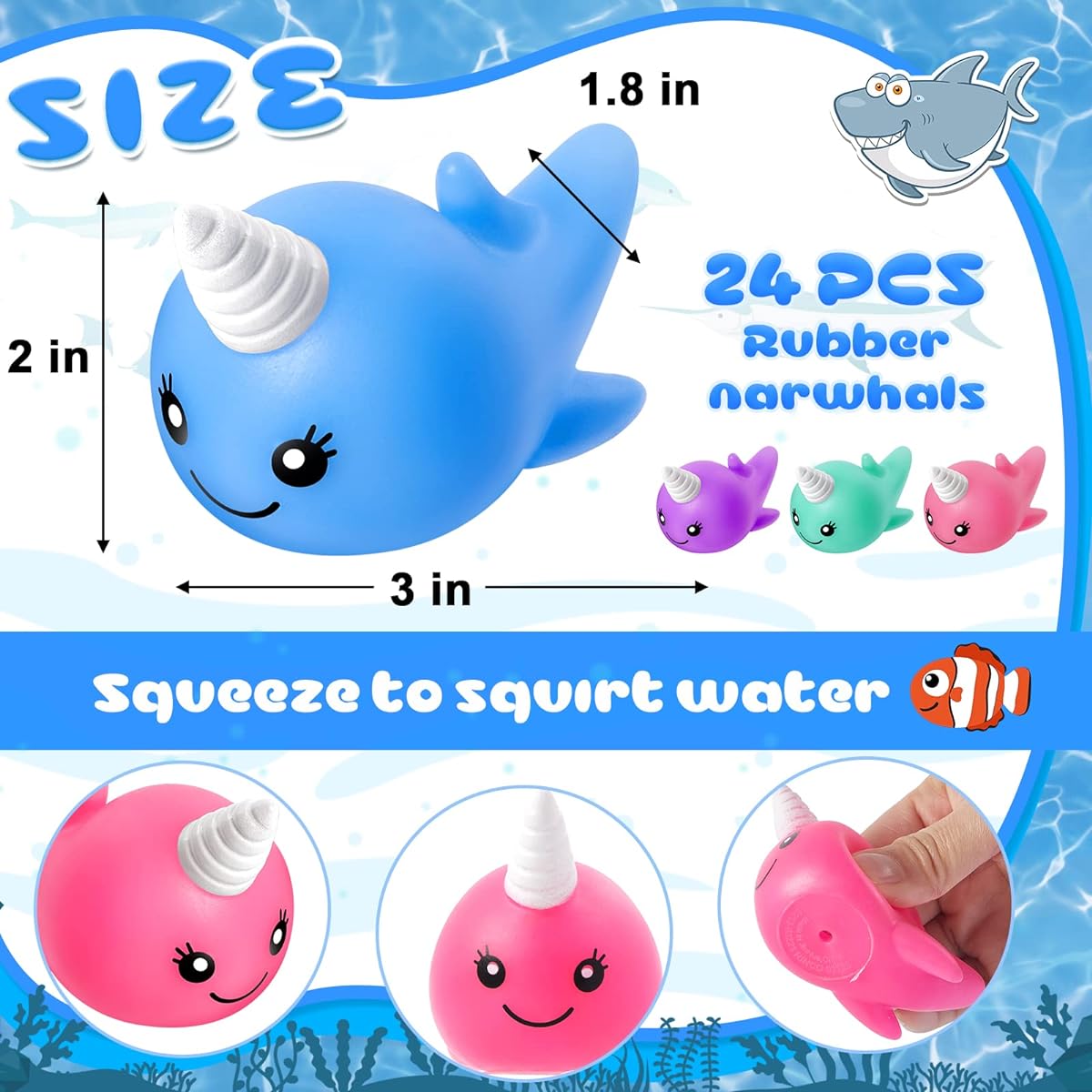 24 Pieces Rubber Water Squirting Narwhal Colorful Sea Animal Pool Toy Bath Squirting Toy Bathtub Birthday Party Favor Goodie Bag Filler 6 Colors