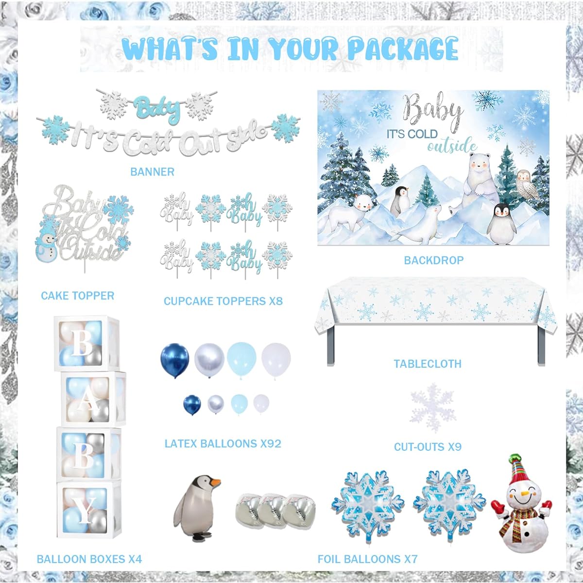 Hombae Baby Its Cold Outside Baby Shower Decorations, 132 Pieces Winter Wonderland Baby Shower for Boy Backdrop Balloons Garland Banner Tablecloth Cake Cupcake Toppers Box Cutouts Snowflake Silver Blue