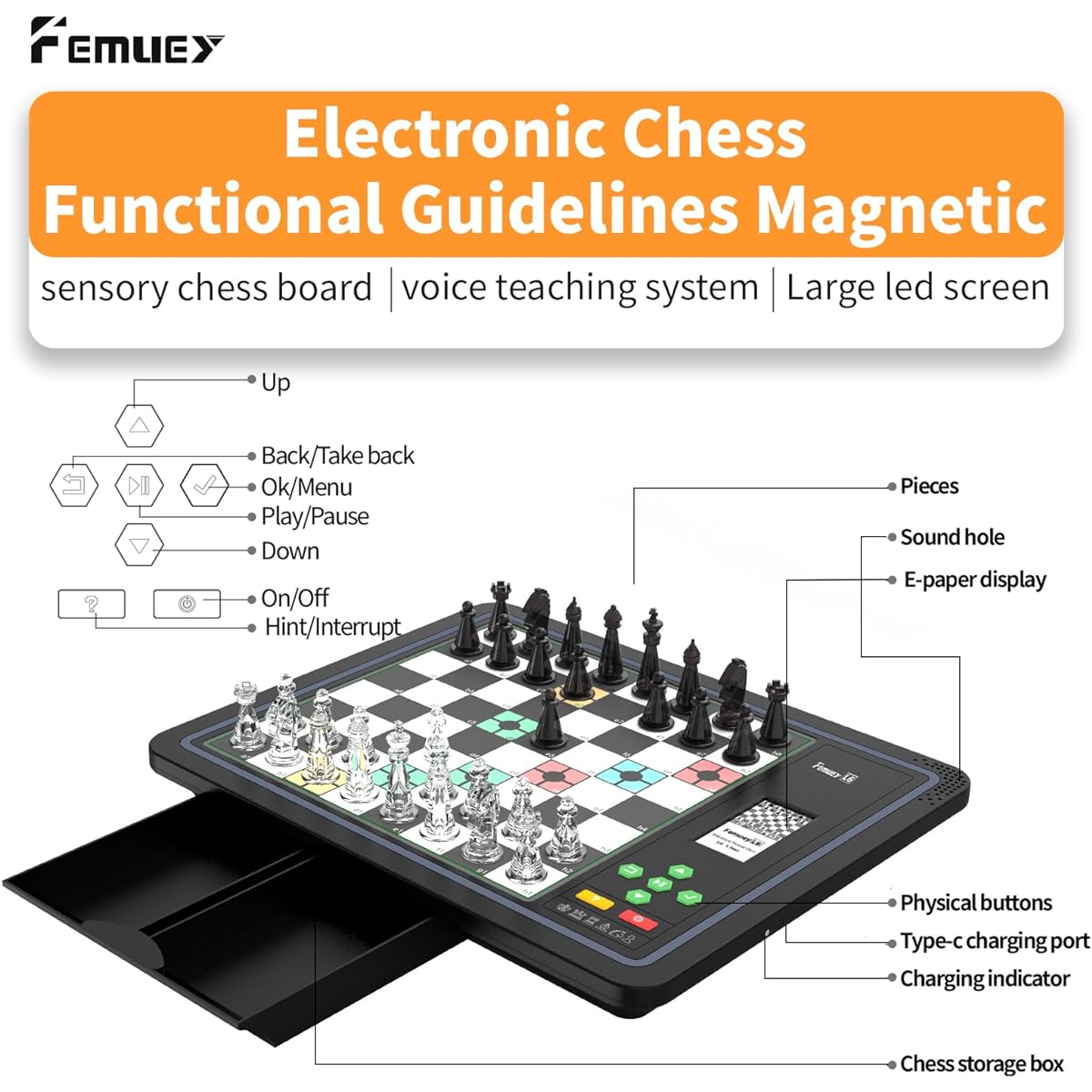 Electronic Chess Set Chess Set Board Game Computer Chess Game Electronic Chess Game LED Built-in Battery Great Partner for Playing and Practice (L6 Black)