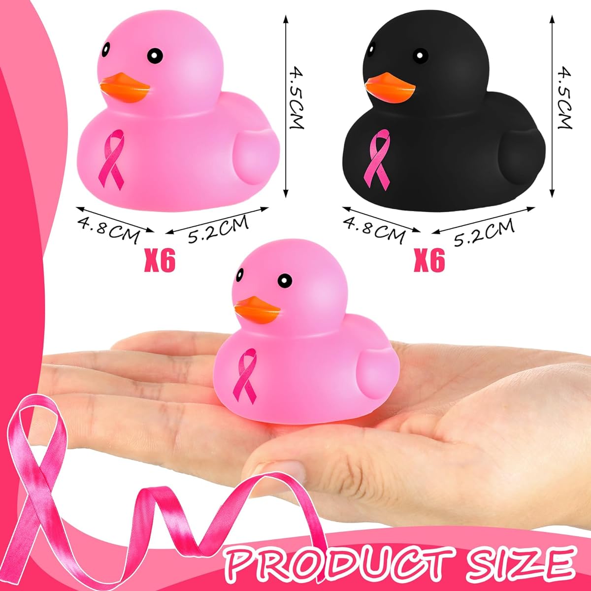 Leyndo 2'' Pink Ribbon Rubber Duck Breast Cancer Awareness Bulk Mini Rubber Ducky Float Bath Toy Cancer Awareness Decoration Birthday Gift (12)