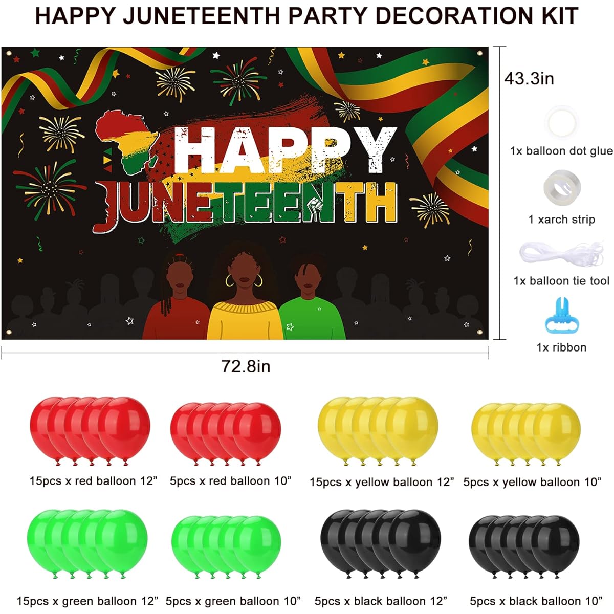 Juneteenth Decoration Kit, 1pc Large Happy Juneteenth Backdrop Banner + 70pcs Balloons Set for June 19th Independence Day African Afro American Freedom Day Party Supplies for Outdoor Indoor