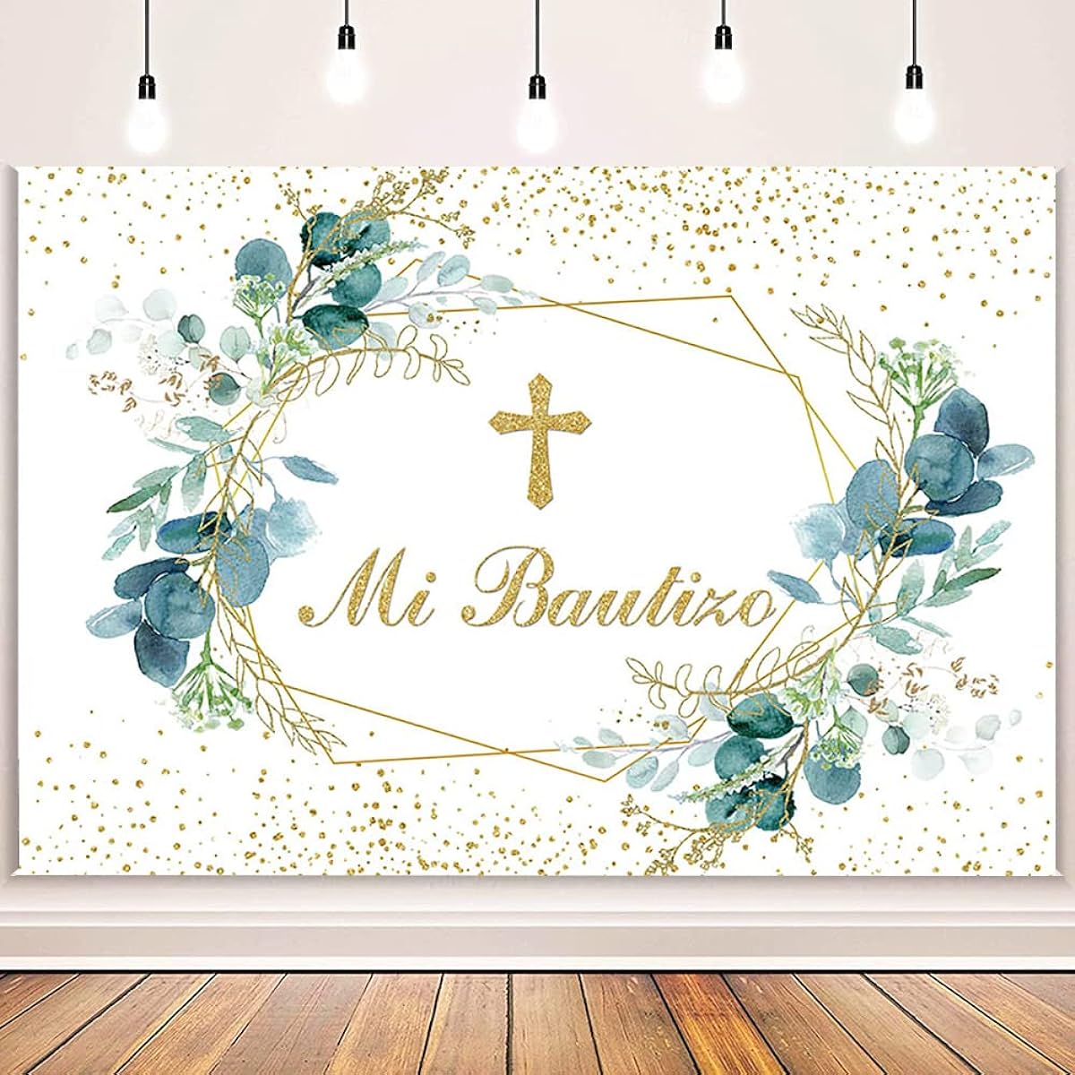 AIBIIN Mi Bautizo Backdrop Mexican Baptism Party Decorations Green Eucalyptus Gold Glitter Background God Bless First Communion Banner Baptism Newborn Baby Shower Party Decor Props Vinyl 7x5ft