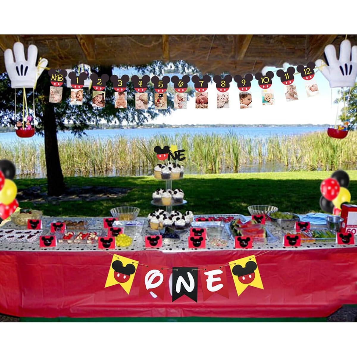 HEETON Mickey First Birthday Kit Mouse 1st Birthday Cake Topper Balloons Party Decorations Highchair Banner Door Hanger Mickey Theme Baby Boy Photo Booth Props