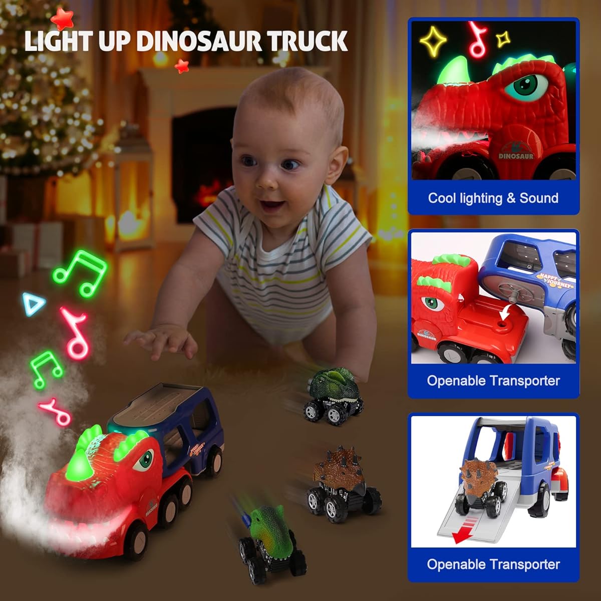 Hot Bee Dinosaur Truck Toys for Kids 2-4 Dinosaur Truck Musical Toy for 2 3 4 5 Year Old Boys