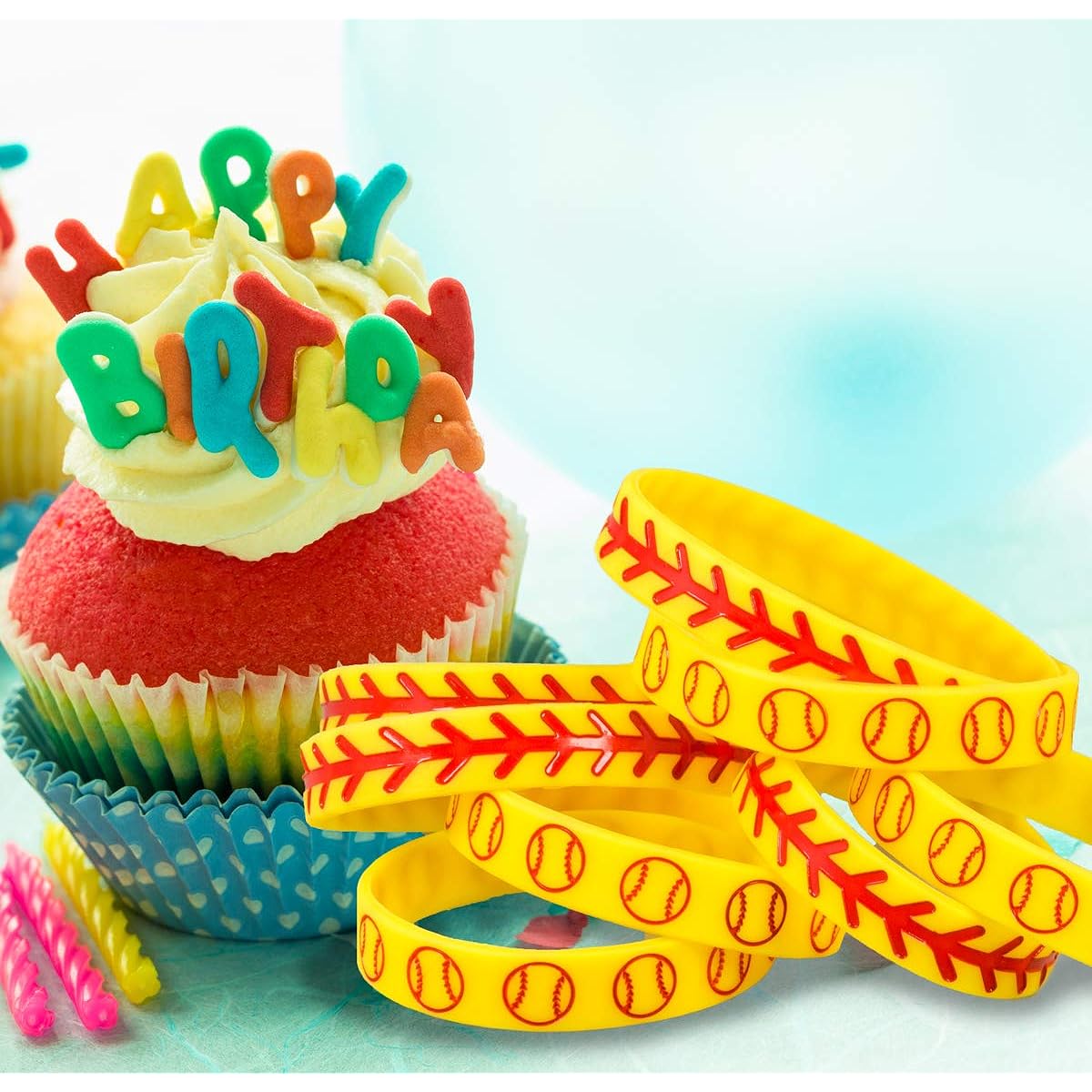 Softball Silicone Wristbands - 8 Pack Party Favor Set (4 of each design) Makes a Great Team Gift - Great Gift for Under $10! Child (7" circumference) Yellow Softball Wristbands