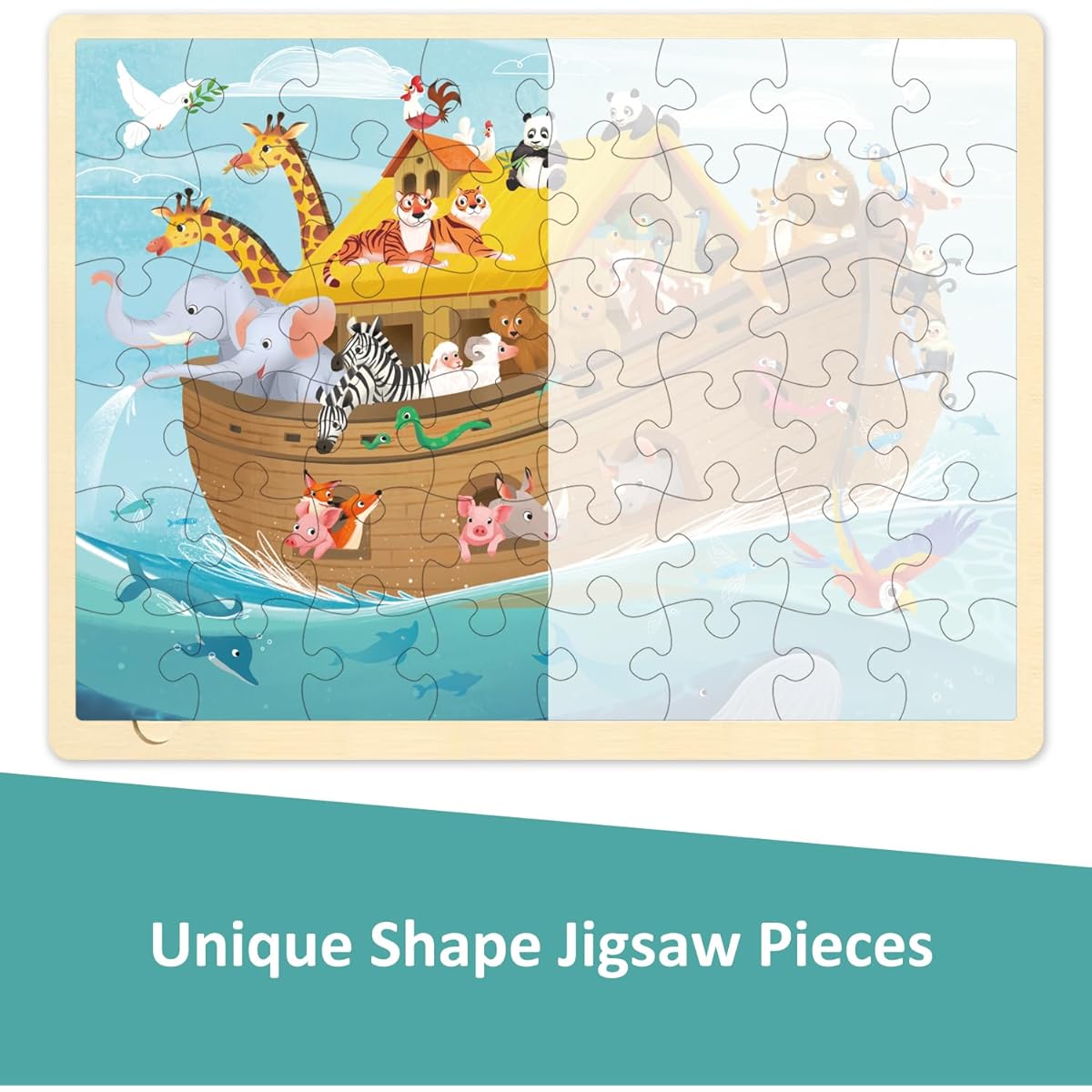 MoinKidz Wooden Noah's Ark Puzzle for Kids Ages 3-5 48 Piece Puzzle for Kids Ages 4-8 with Puzzle Tray Religious Scene Christian Bible Wooden Jigsaw Puzzle for 3 4 5 6 7 8 Years Old
