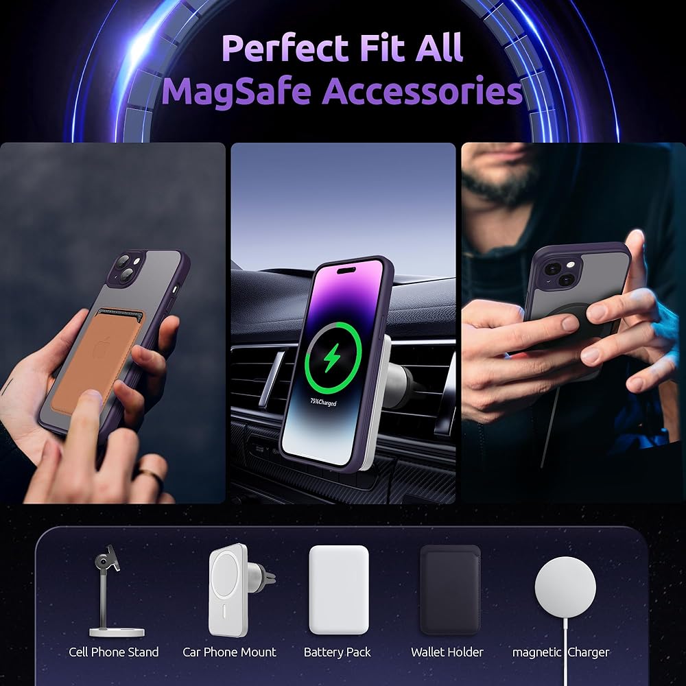 SURPHY iPhone 15 plus case, translucent, MagSafe compatible, with film, 6.7 inch compatible (2023), mobile case for iPhone 15 plus (full camera protection), matte feel, no yellowing, anti-fingerprint, equipped with magnet (purple)