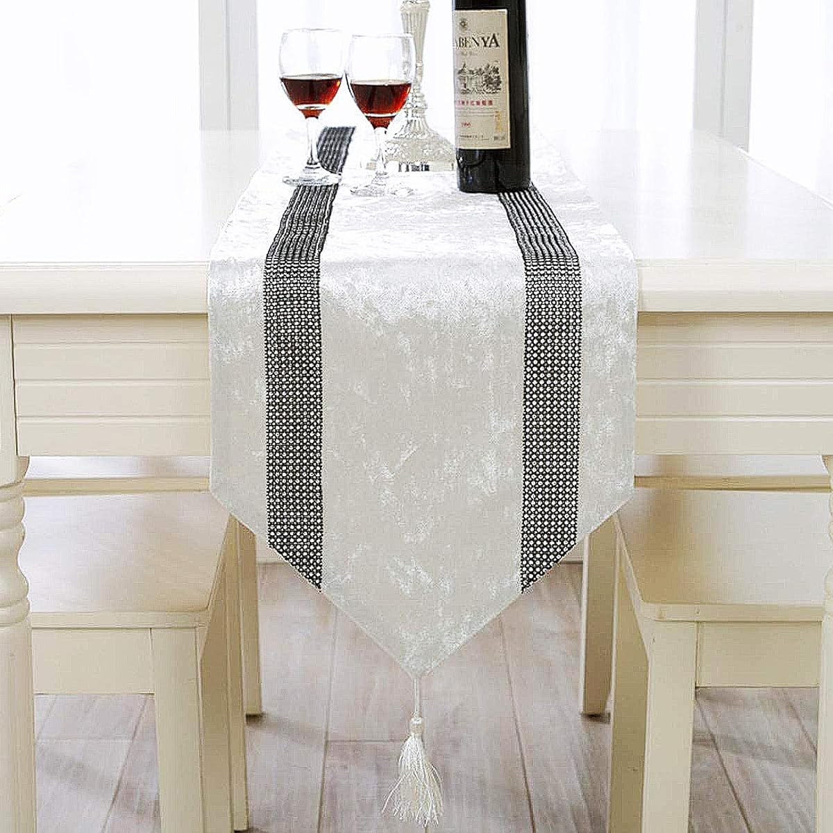 Jiino Tassel Table Runner with Sequin Rhinestone Strip Elegant Table Decoration for Wedding Thanksgiving Christmas Creamy White 13x84 inches