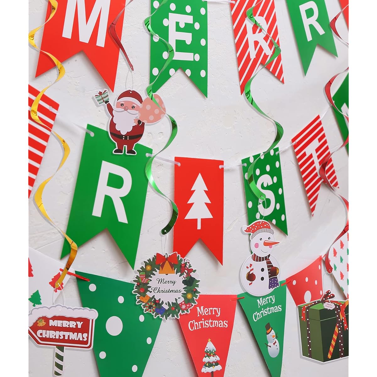 Merry Christmas Party Decorations Banner - Red Green Merry Christmas Banner, Pennant Flag Garland, Christmas Party Decorations, Hanging Swirls for Christmas Home Office Backdrop Decor (MCB)