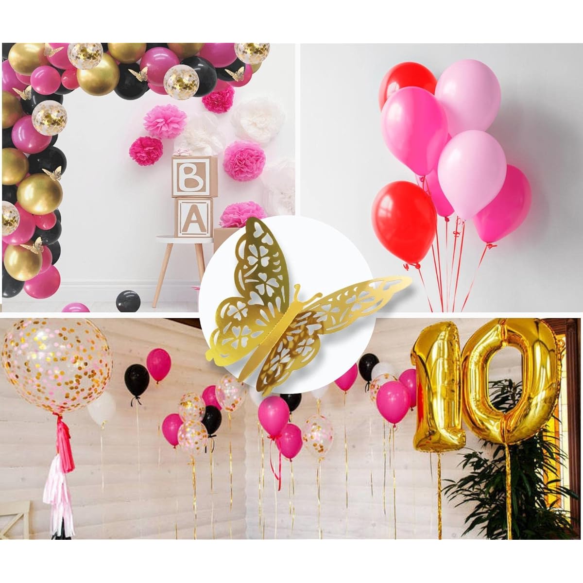 Rosmavi 104 Pieces Hot Pink Balloon Garland Kit with Gold Butterflies