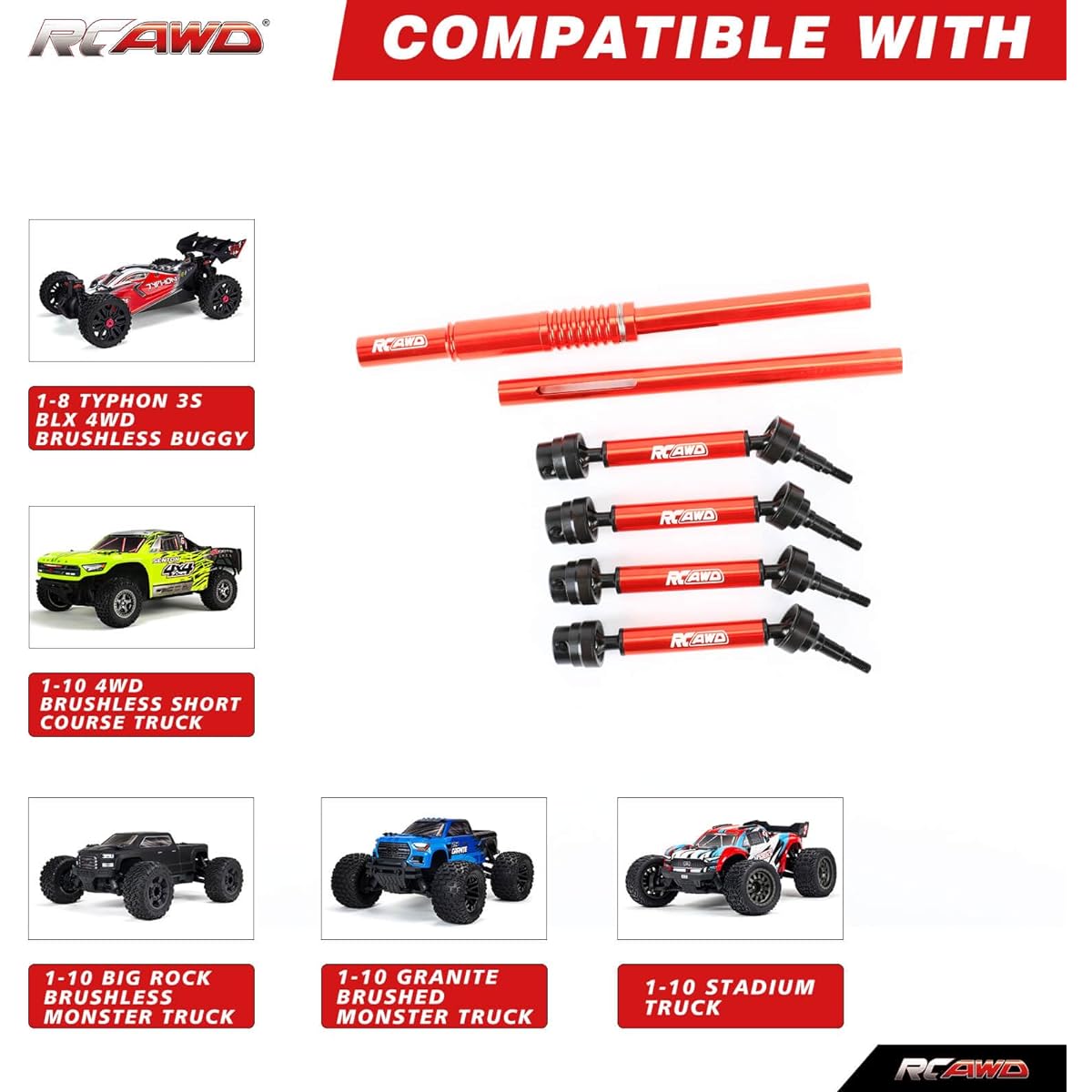 Driveshaft and Center Driveshaft Set for Arrma Big Rock Senton Vorteks Granite Typhon 3S BLX Mega 550 Upgrade Parts (Red)
