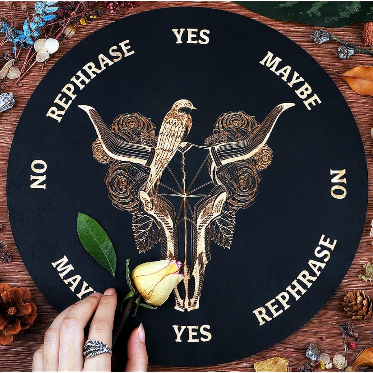 Keithwood 11.5" Divination Pendulum Board, Wooden Dowsing Board, Metaphysical Message Board for Witchcraft Wiccan Altar, Spiritual Divination Tool - Bird on Bull's Head