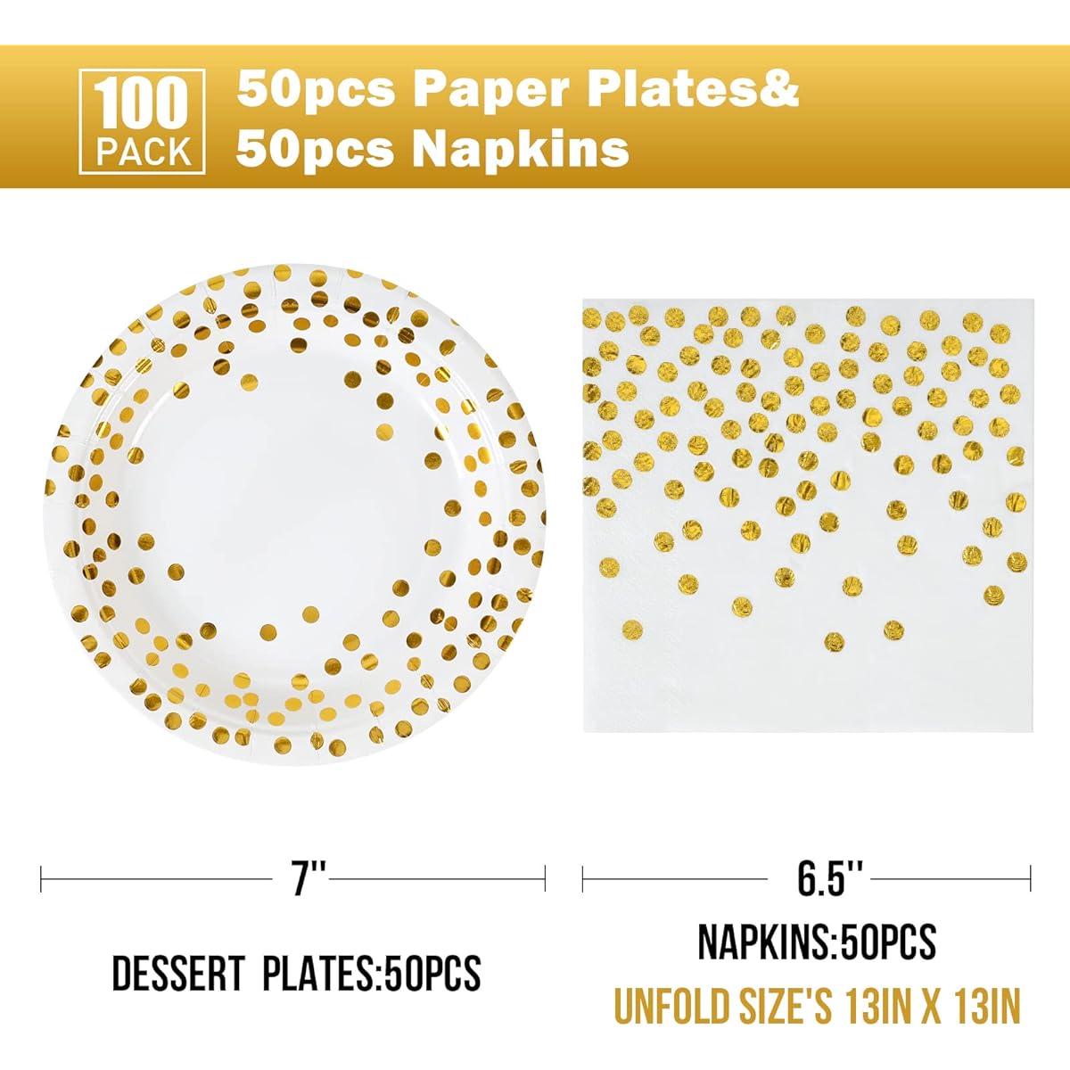 100 Pack Disposable Paper Plates - White and Gold Paper Plates 50 x 7" & Gold Dot Napkins 50 x 6.5" Paper Plates Napkins Party Supplies for Weddings, Birthdays, Bridal Parties and Any Occasion