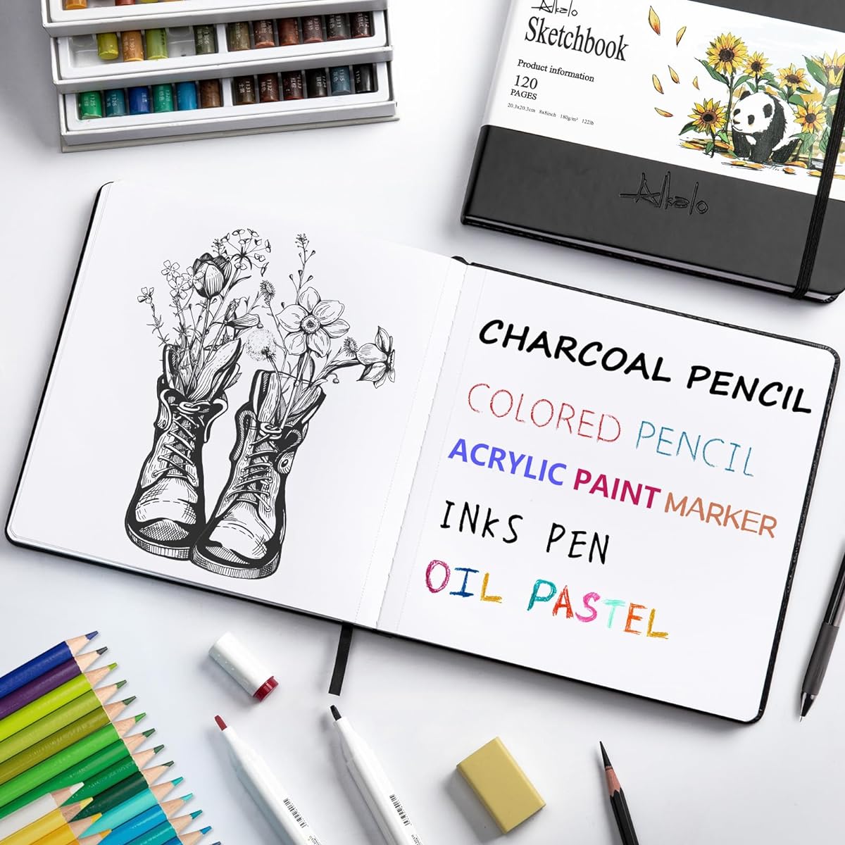 ALKALO Sketchbook 180gsm/120lb Square Drawing Notebook with Elastic Border and Ribbon Marker (M, Black)