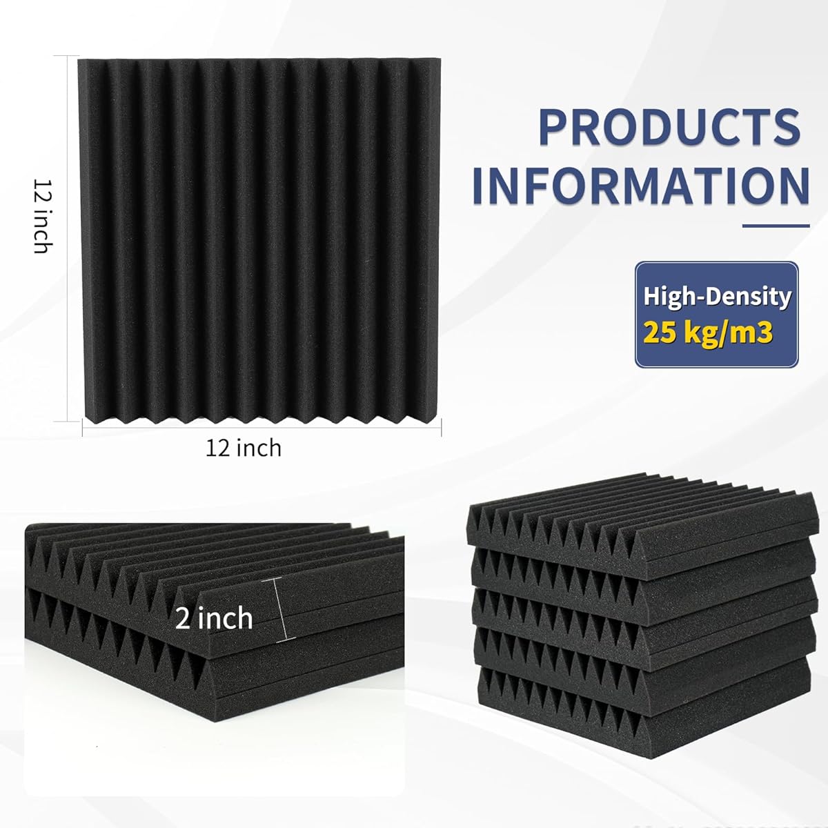 KOIGO Acoustic Foam Panels 2" x 12" x 12" Wedge Design Acoustic Panels Sound Absorbing Foam High Density Flame Retardant Sound Insulating Foam Panels for Walls and Ceilings Pack of 12