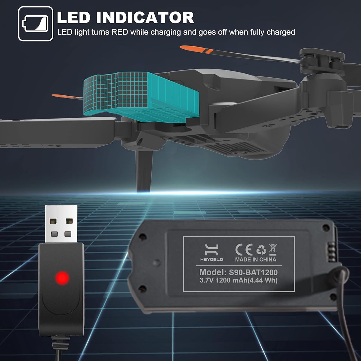Heygelo Spare Original Battery for S90 Drone with Camera Rechargeable Modular Battery with Jack Port USB Charging Cable