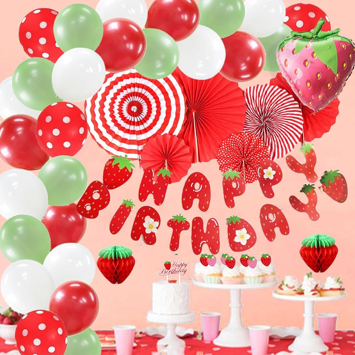 Strawberry Birthday Decorations 1st Strawberry Balloon Garland Red Paper Fan Kit Strawberry Party Decorations Happy Birthday Banner Honeycomb Balls for Girls