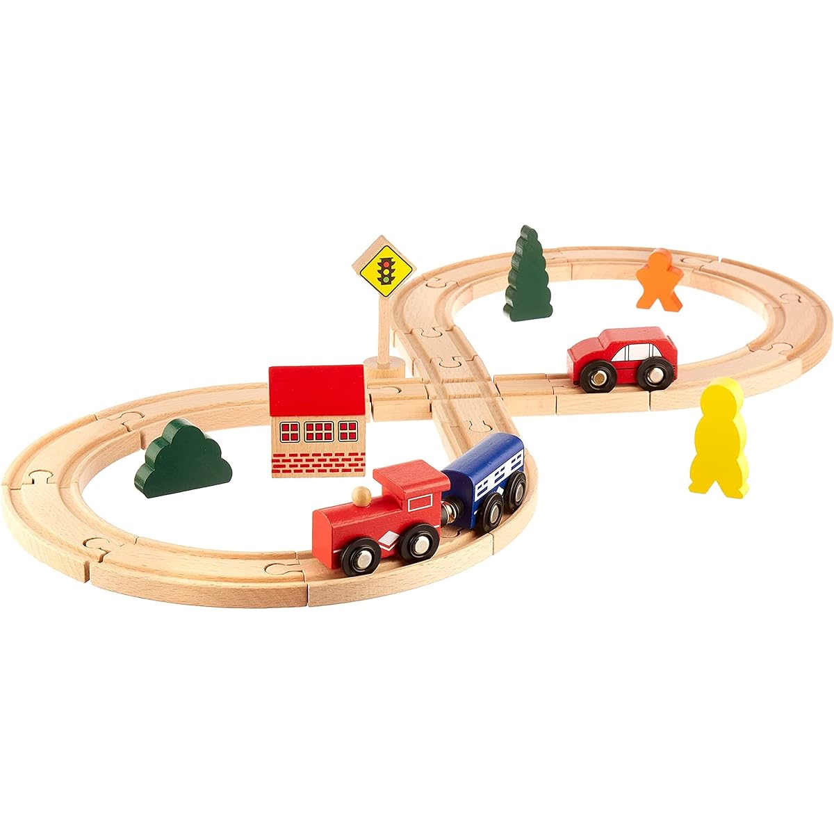Figure 8 Railway Set - 28 Piece Wooden Train Track Set with Trains, City Pieces, People and Tracks - Compatible with Most Popular Wooden Toy Trains - Games, Toys, Hobbies, and Family Fun