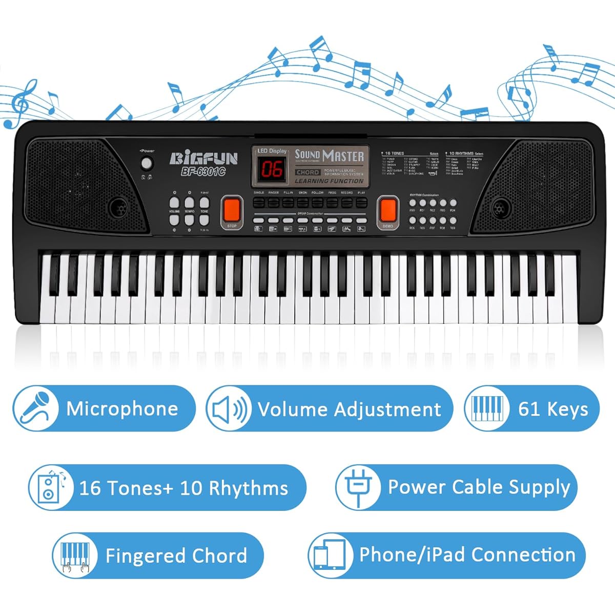 M SANMERSEN Piano for Kids with Microphone Keyboard Piano for Beginners Electronic Keyboard 61 Keys Dual Speakers LED Display AUX-IN Jack Music Stand Piano Toy for Boys Girls 3-12 Years Old