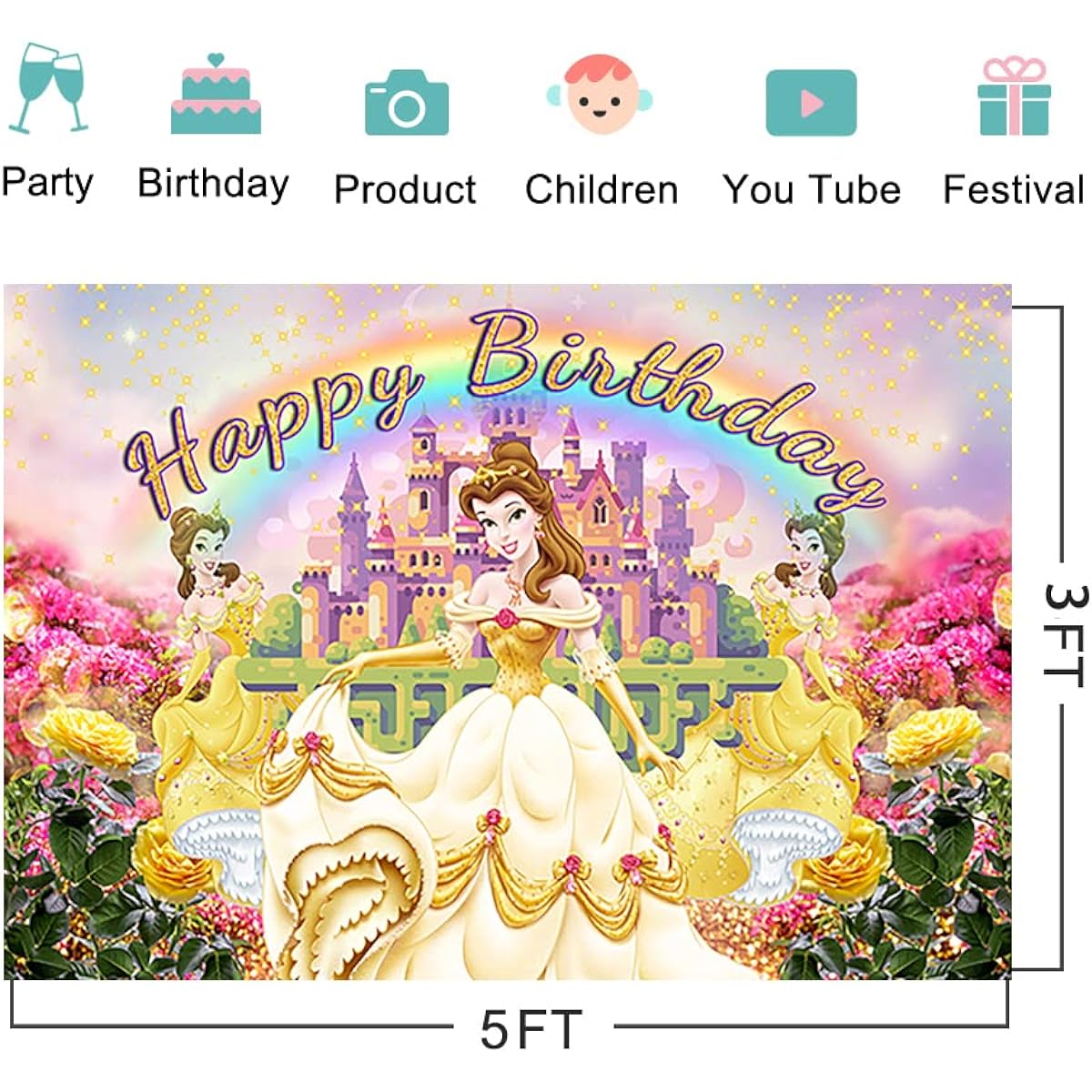 Princess Belle Backdrop Birthday Party Supplies 5x3ft Beauty and the Beast Photo Backdrop Belle Theme Baby Shower Banner for Birthday Cake Table Decoration