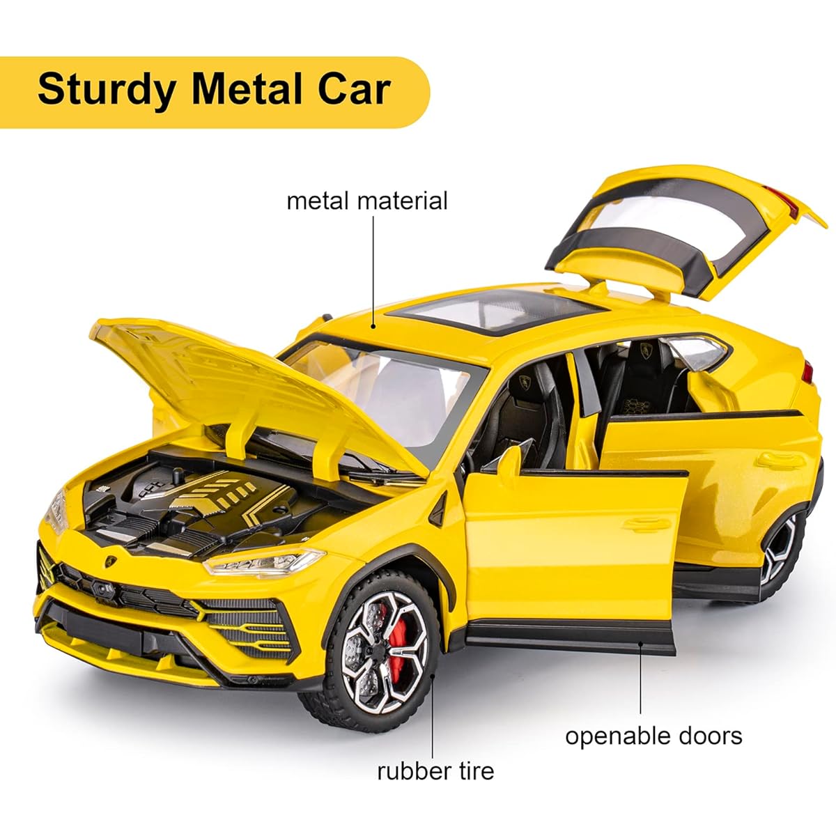 Toy Cars for Boys 1:24 Urus Metal Model Car Toy Diecast Pull Back Gift Car with Lights and Sounds for Kids Ages 3-12 (Yellow 1:24)