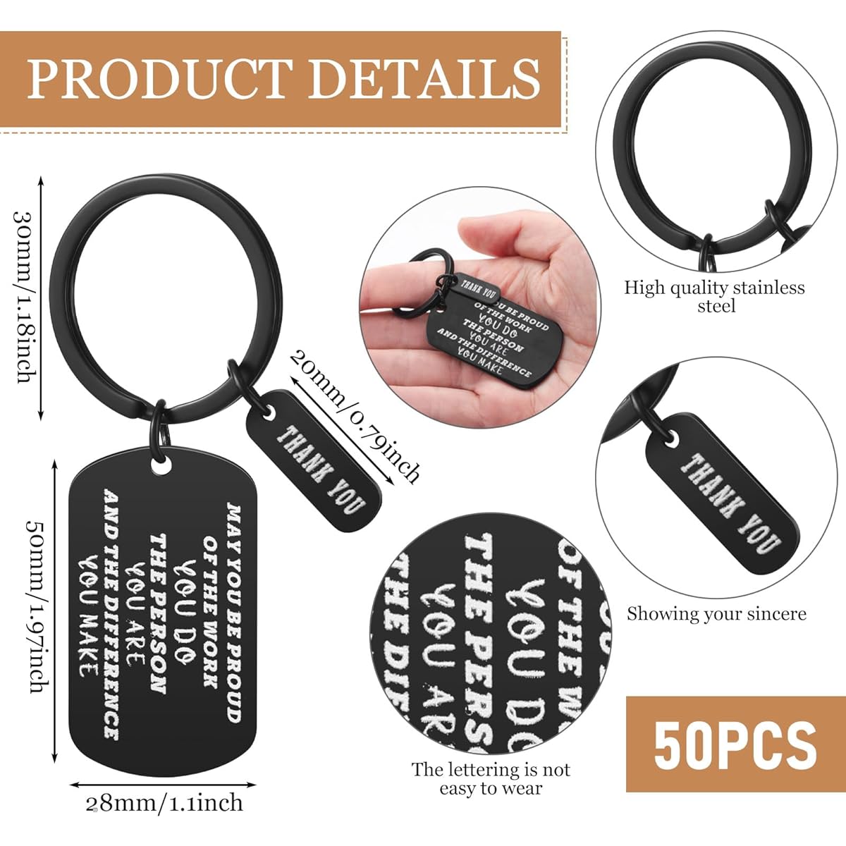 Equsion 50 Pcs Teacher Appreciation Gifts, Gratitude Keychains, Bulk Pack for Women, Men, Coworkers, Employees, Nurses, Workers, Teams, Black, One Size