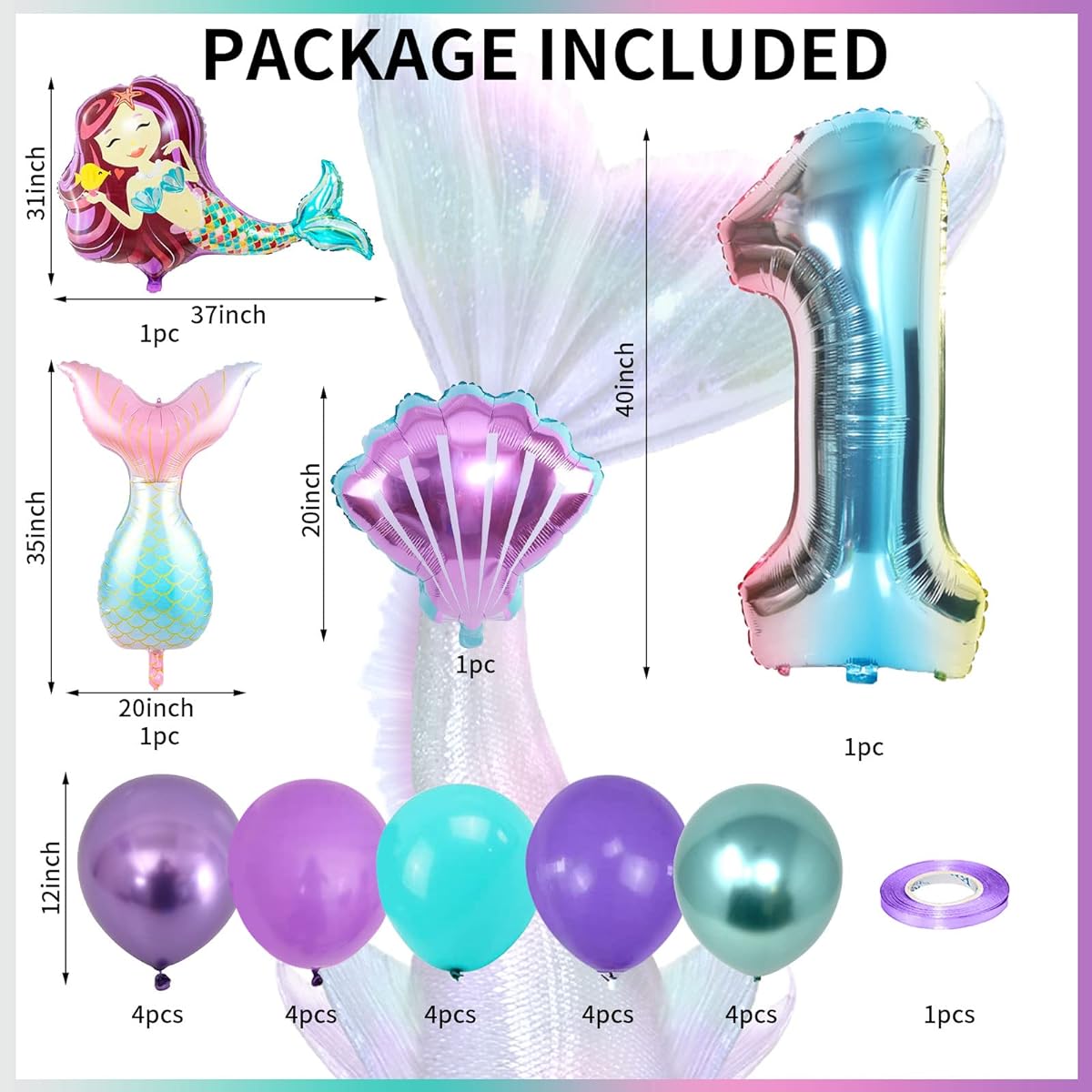 Mermaid Balloons 1st Birthday 40 Inch Rainbow Number 1 Balloon Large Mermaid Tail Shell Foil Balloon Little Mermaid Party Latex Balloon Set Girls Mermaid Birthday Party Decoration 1 Year Old