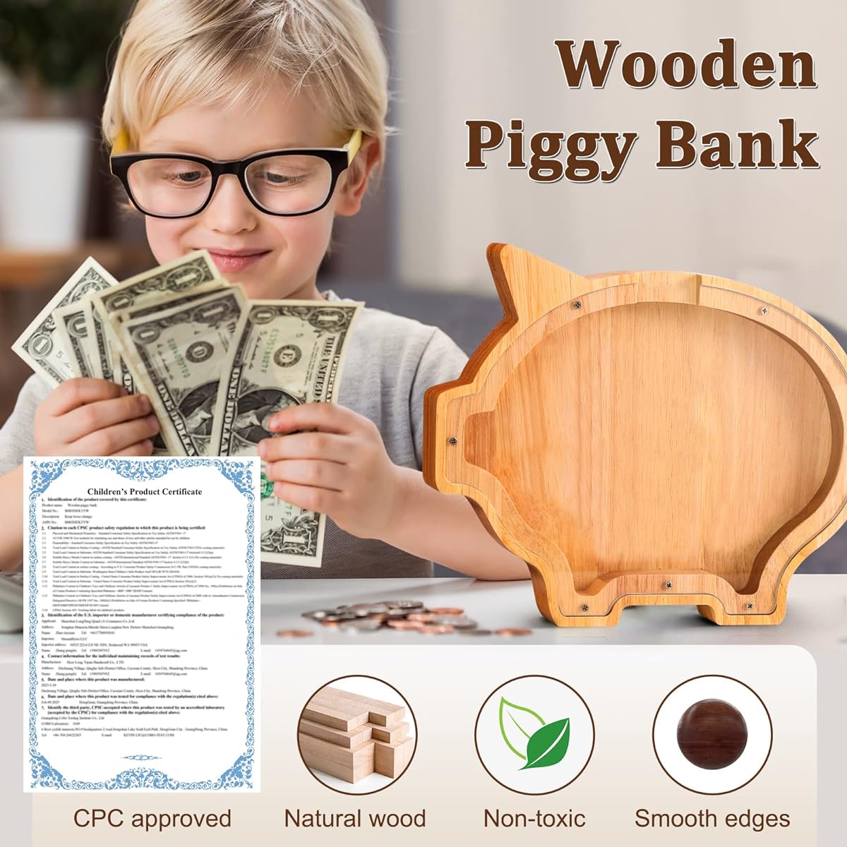 Mindy Wooden Piggy Bank DIY Name Piggy Bank for Boys Girls Toddler & Coin Bank Baby Customizable with Name CPC/ASTM Approved Christmas Children's Day Birthday Gift Decoration