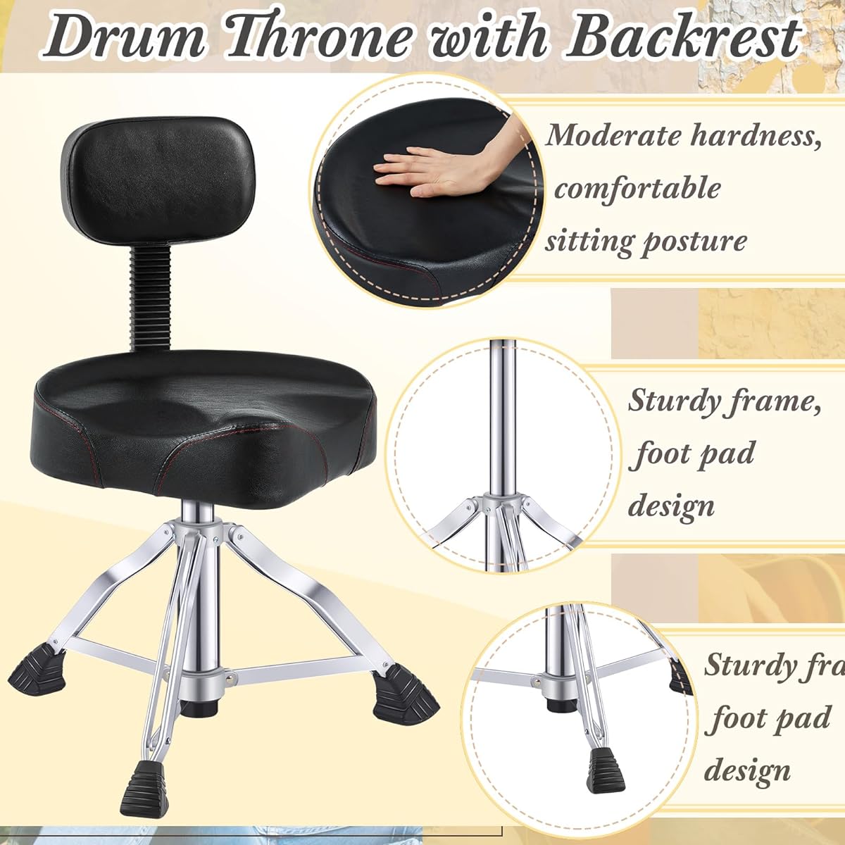 Sintuff Drum Throne with Backrest Padded Hydraulic Drum Chair Adjustable Height Drum Stool Stable Bass Comfortable Memory Foam Drum Seat for Adult Drummer Guitar Player Black