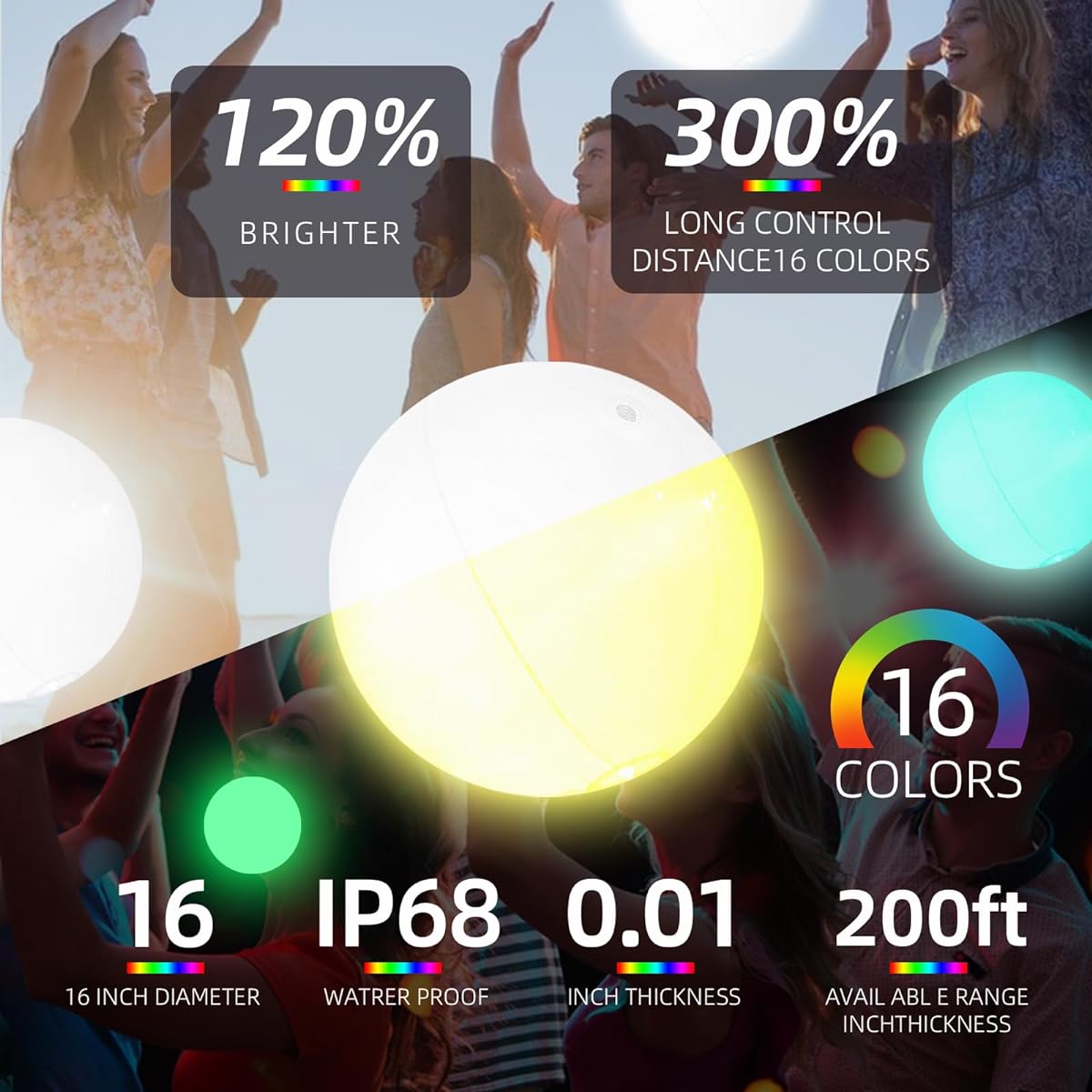 AEROQUEST Large Floating Inflatable LED Glow in the Dark Beach Ball with Color Changing Lights | Perfect for Summer Parties, Pool/Beach Parties, Raves, Black Light/Glow Parties (4 Pieces)