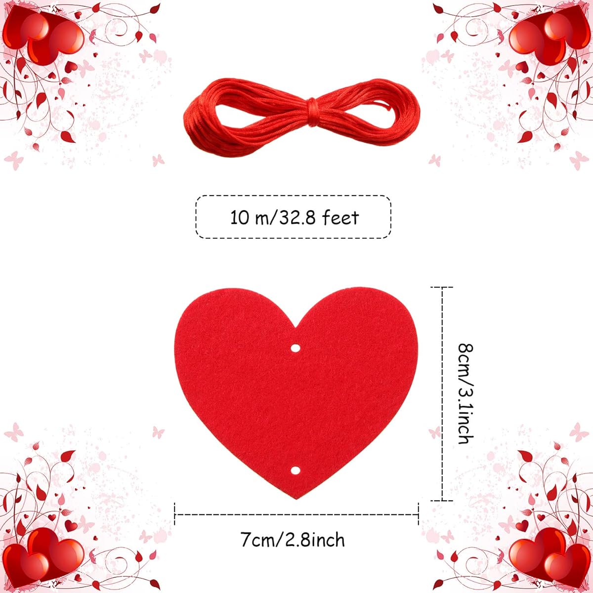 120 Pieces Felt Heart Garland Heart Hanging String Garland Valentine's Day Garland Decoration with Red Rope Valentine/Anniversary/Wedding Party Supplies (Red, Pink, Rose Red)