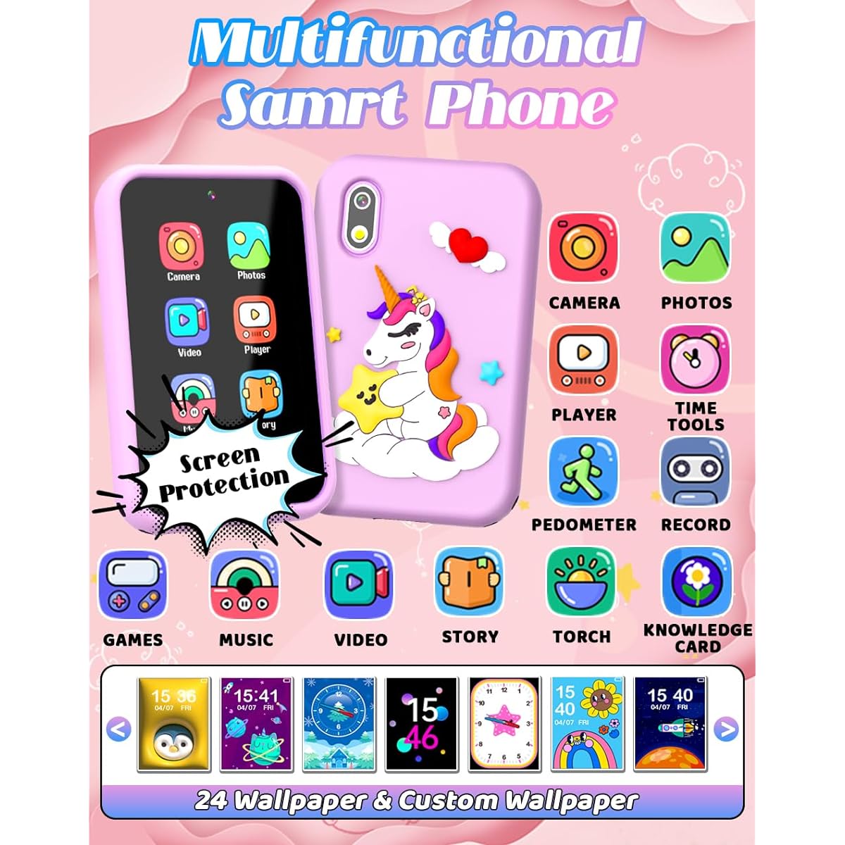 Phone Toy for Kids Girls Boys Age 3-8 with Unicorn Case Gift Dual Camera 28 Games 2.8" HD Touch Screen Music Player Video Audible Story Pedometer Alarm Clock Calculator Torch Learning Toy (Purple)