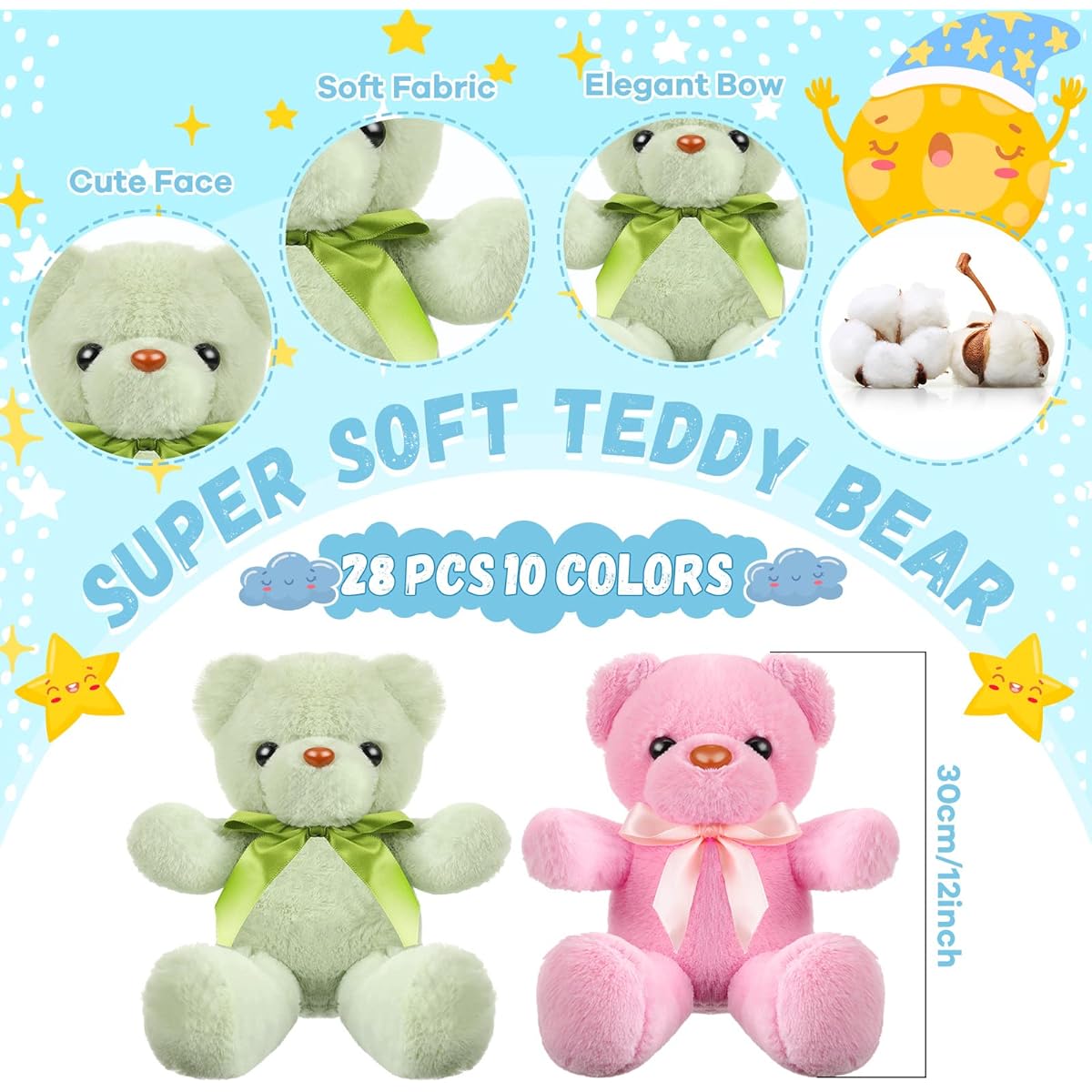 Jerify 28 Pieces Stuffed Plush Bears 12 Inch Cute Soft Bears with Ribbon Bows 10 Colors for Kids Boys Girls Christmas Wedding School Baby Shower Valentine Gifts