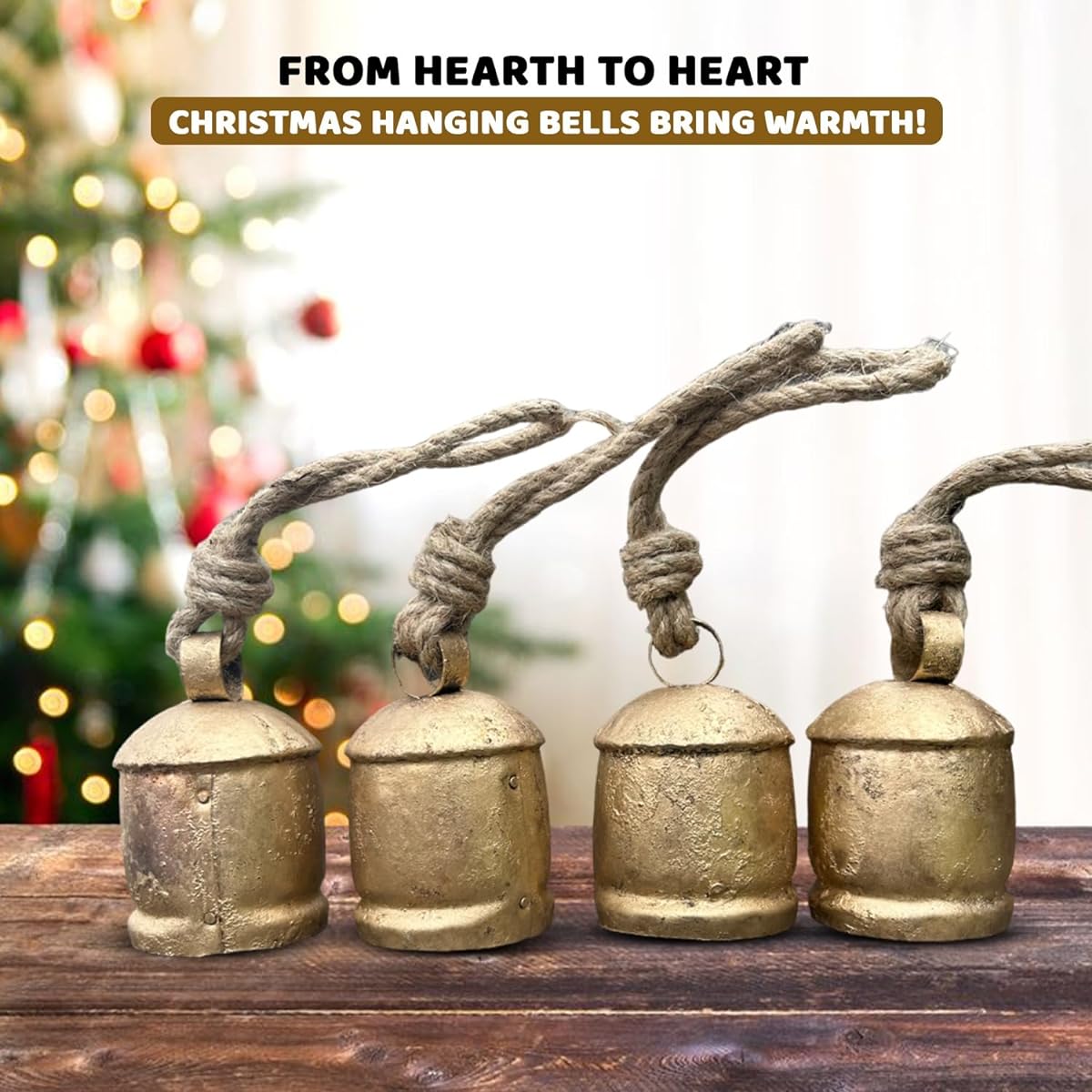 4" Giant Harmony Cowbell Large Vintage Handmade Rustic Lucky Christmas Hanging Bell Rope (Country Rustic, 4" - Large) Set of 4