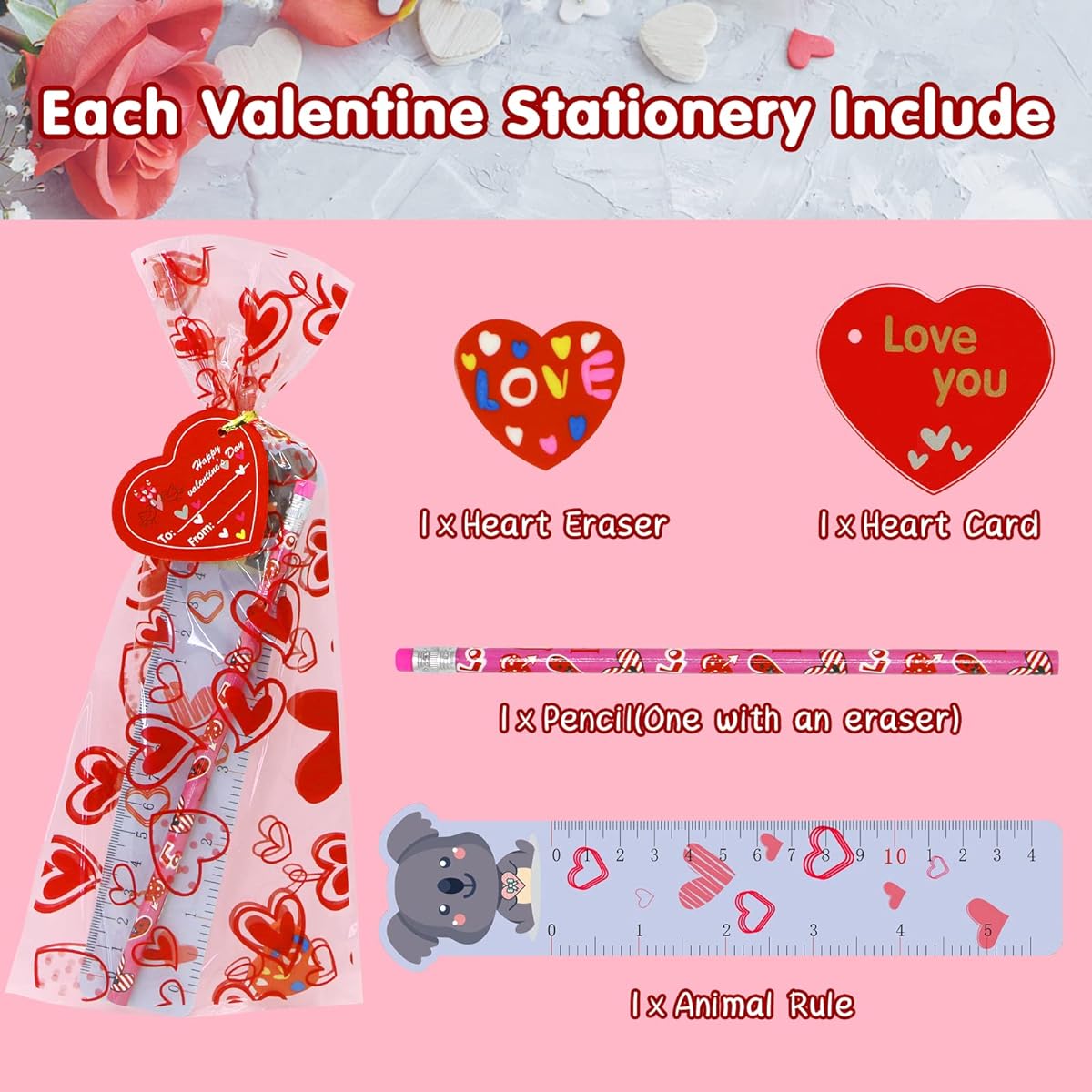 28 Pack Valentine's Day Gifts for Kids Valentine Stationery Set Valentine Pencil Ruler Eraser Card Treat Bag for Kids Valentine's Day School Favors Class Exchange Gifts Party Favors