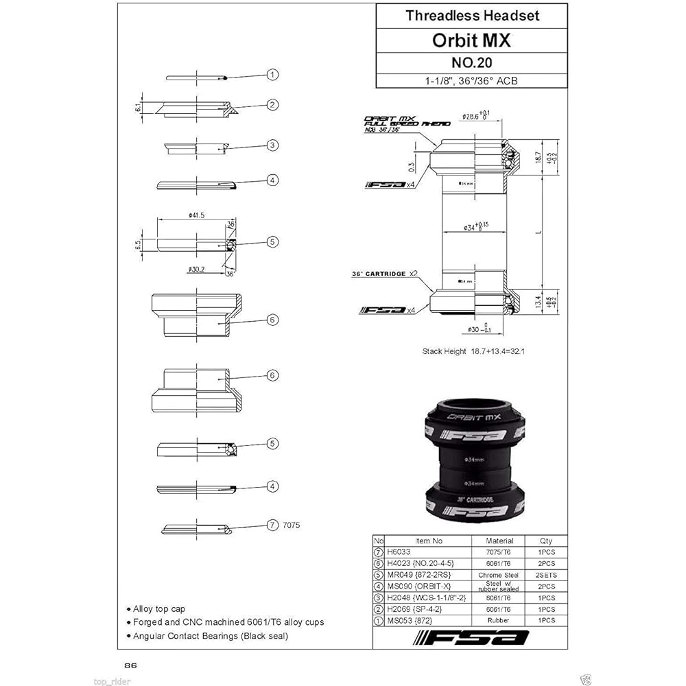 FSA Orbit MX 1-1/8Inches Threadless MTB Road Headset with Top Cap, Gray, NO.20, XTE1634