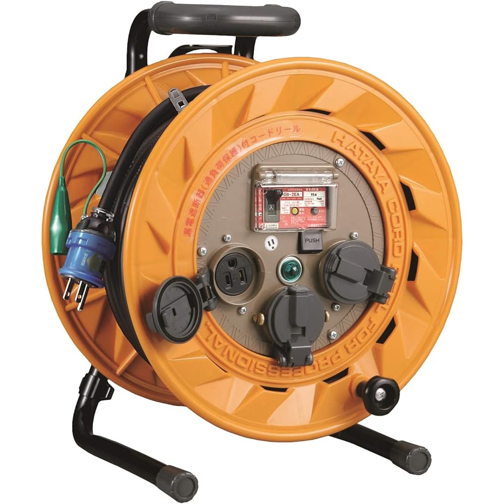 HATAYA Cord Reel for Indoor Use, 100V Type, Insulating Resin Drum, Cord 30m, Thickness 2.0㎟, Earth Leakage Breaker, Built-in Temperature Sensor (Wire Melt Prevention Function), 2P (Preventing Wire Melting), 3 Outlets, Outlet Dustproof Cap, Built-in Pilot
