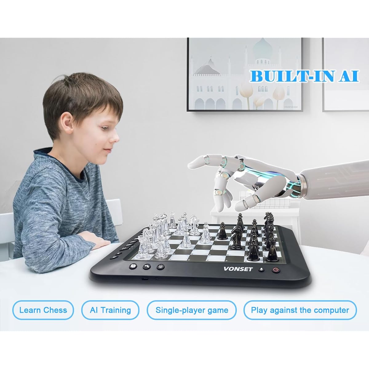 Vonset P6 Computer Chess Game Talking Smart Chess Board Electronic Chess Set Magnetic Chess Computer with LED for Beginners Electronic Chess Board for Kids & Adults Learn to Play Chess